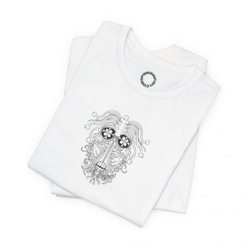 Ornate Line Art Mask Tee — Intricate Tribal Face Graphic T-Shirt