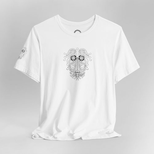 Ornate Line Art Mask Tee — Intricate Tribal Face Graphic T-Shirt