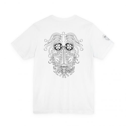 Ornate Line Art Mask Tee — Intricate Tribal Face Graphic T-Shirt